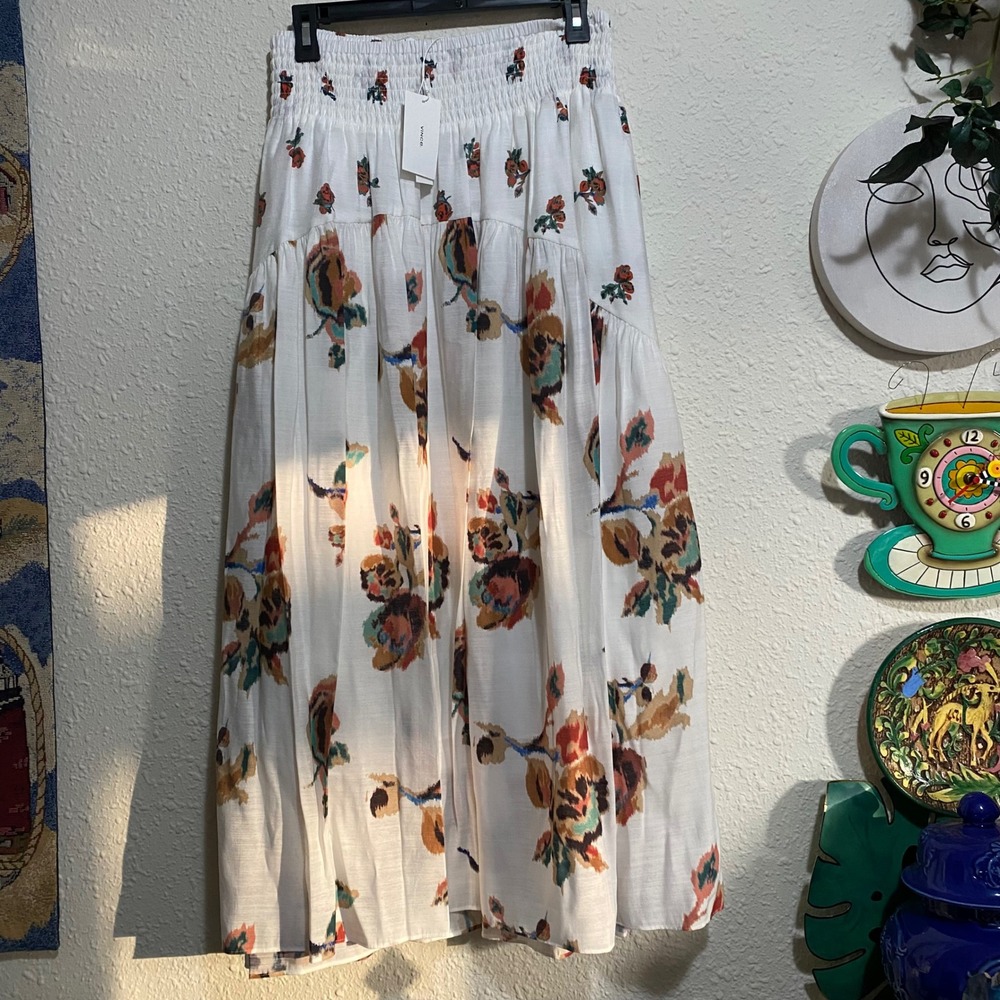 New women 3x Vince Shirred floral-print gauze‎ midi skirt White Multi Color $375